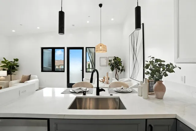a kitchen counter with a sink and potted plant