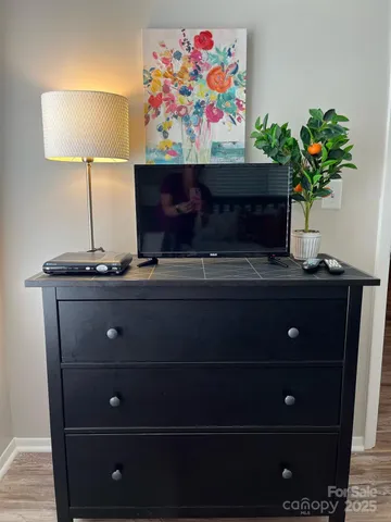 a room with a wall clock and a potted plant