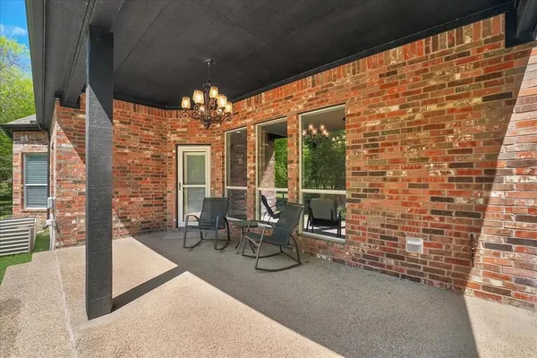 a garden view with a seating space