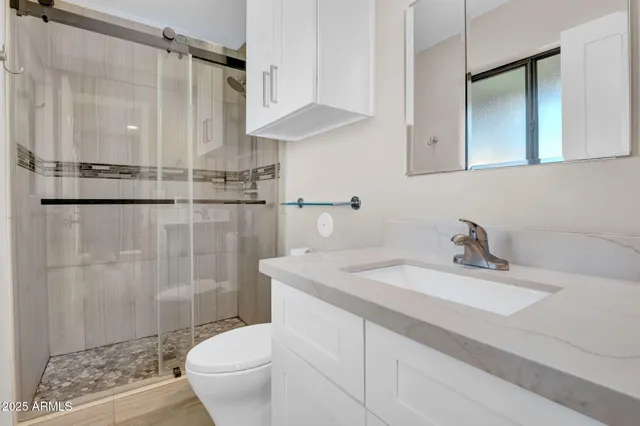 a bathroom with a sink a toilet and shower