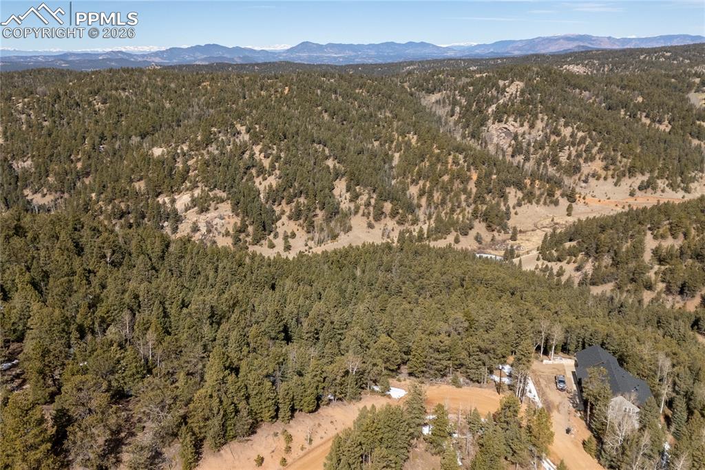 107 Haven Road Divide, CO 80814 - Photo 4 of 13 Drone / aerial view of a mountain backdrop and a heavily wooded area