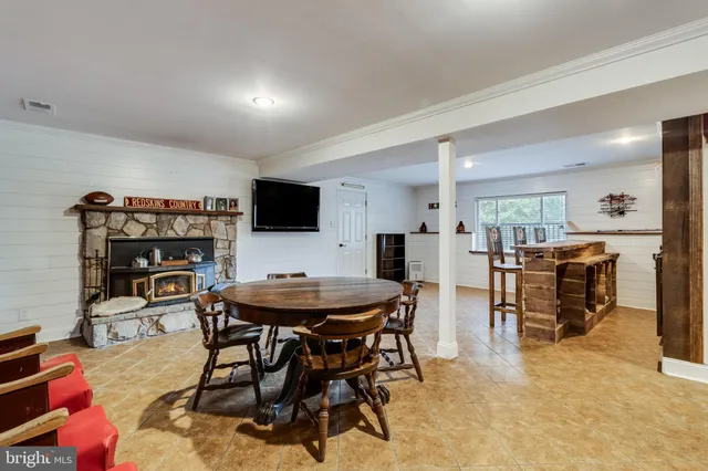 a view of a dining room with furniture
