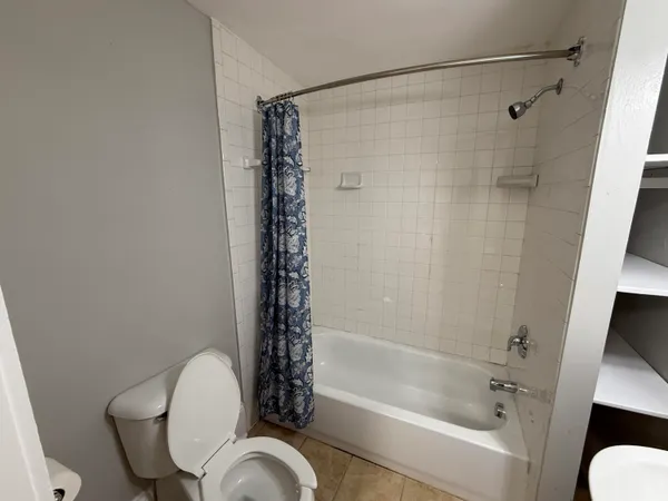 a bathroom with a shower and a toilet