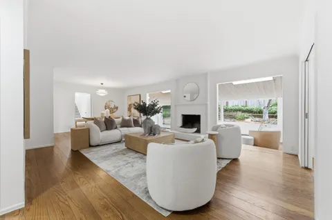 a living room with furniture a fireplace and a potted plant