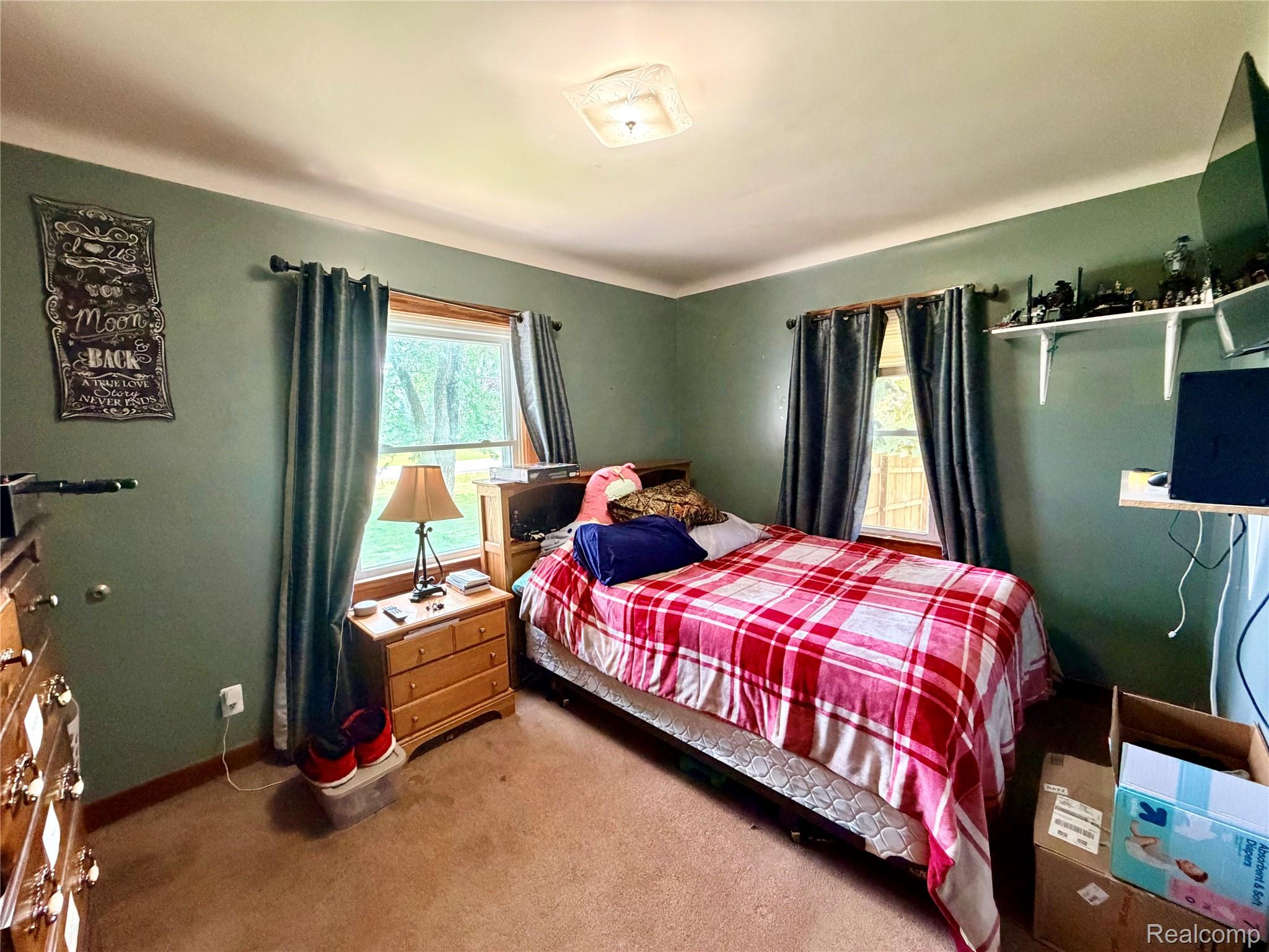 3840 East Dunbar Road Monroe, MI 48161 - Photo 29 of 38 Bedroom featuring two windows with curtain rods, carpeted flooring, and a ceiling-mounted light fixture