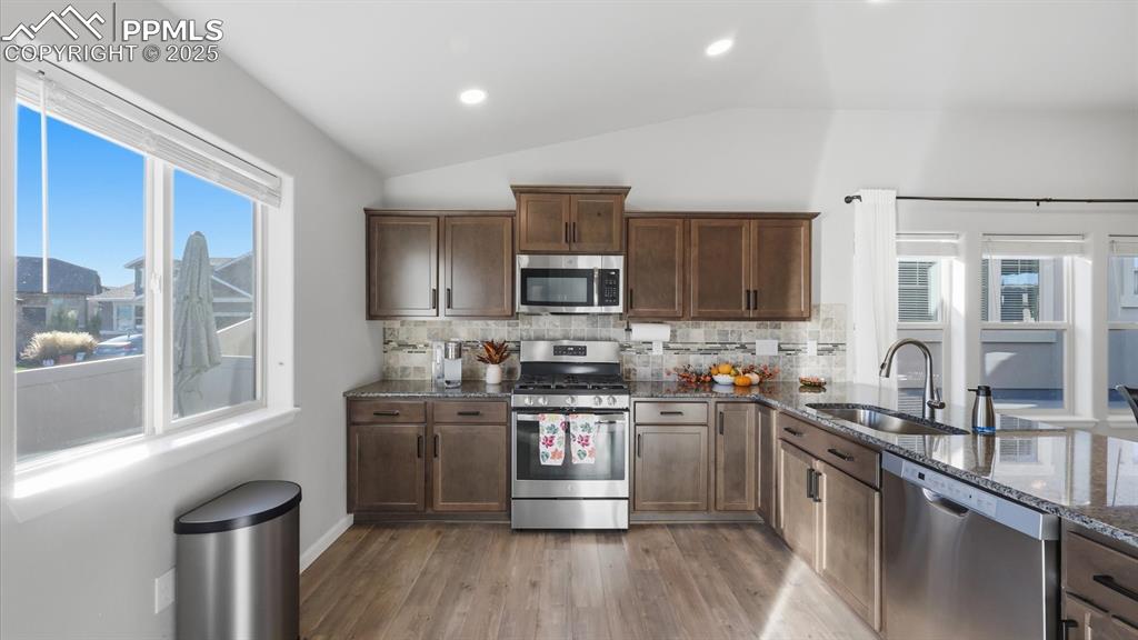 4456 Hessite Loop Colorado Springs, CO 80938 - Photo 17 of 42 a kitchen with stainless steel appliances granite countertop a stove and a sink