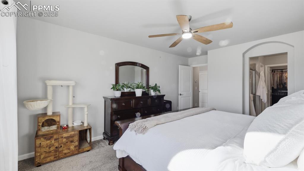 4456 Hessite Loop Colorado Springs, CO 80938 - Photo 21 of 42 a bedroom with bed and a chandelier