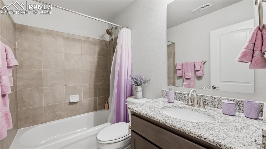 4456 Hessite Loop Colorado Springs, CO 80938 - Photo 32 of 42 a bathroom with a granite countertop sink a toilet and shower