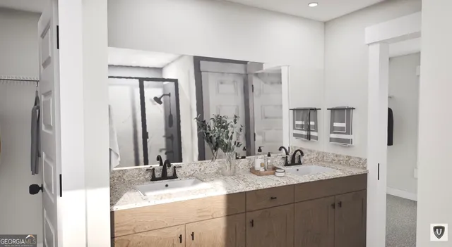 a bathroom with a double vanity sink and a mirror