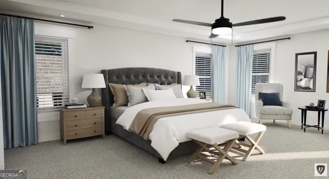 a spacious bedroom with a bed and a chandelier