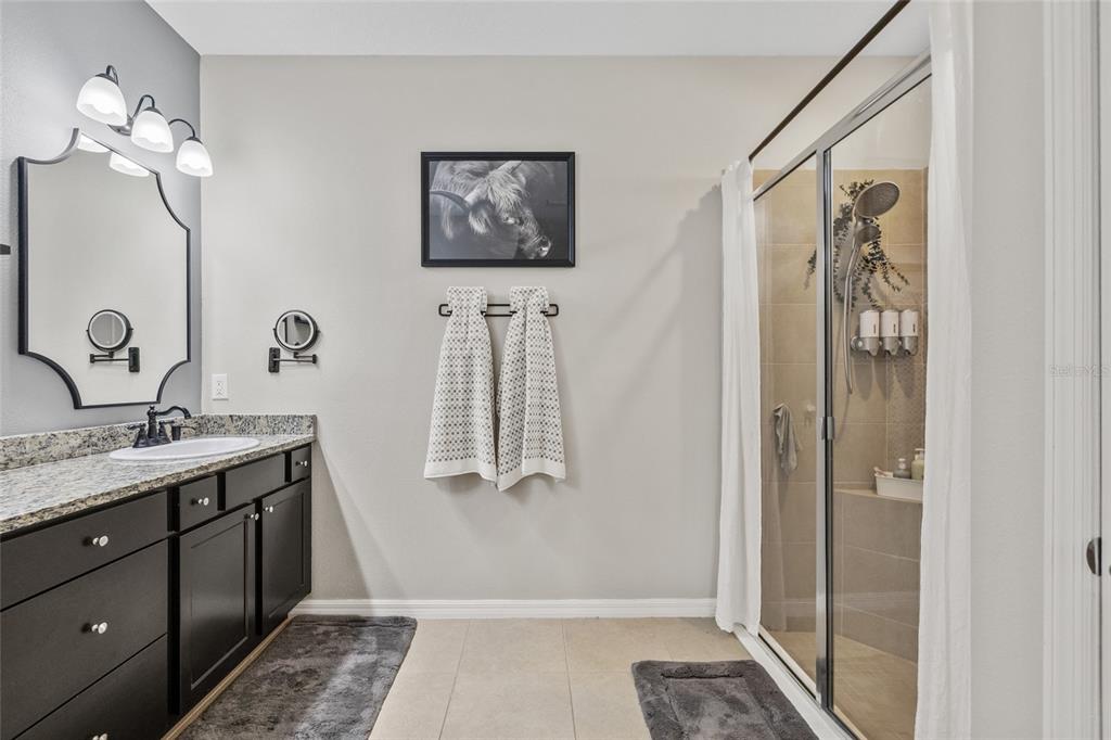 13675 Paddington Way Spring Hill, FL 34609 - Photo 17 of 36 a bathroom with a granite countertop sink a mirror and a shower