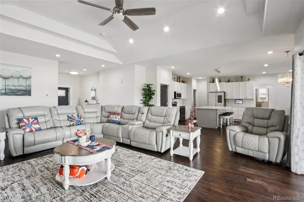 a living room with furniture and kitchen view