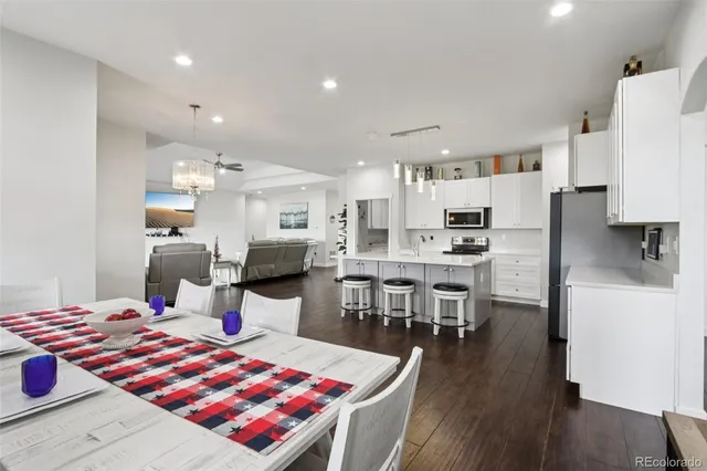 a very nice looking dining room with a table and chairs
