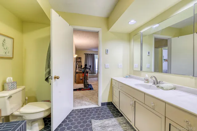 a bathroom with a double vanity sink toilet and shower