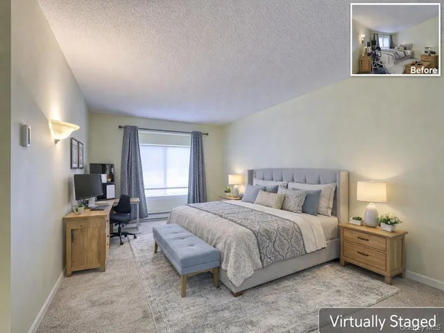 a bedroom with a bed and a couch