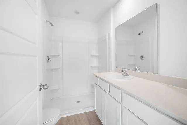 a bathroom with a sink a toilet and shower