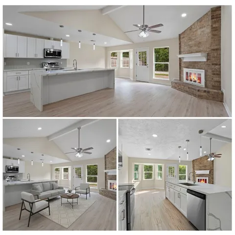 a open kitchen view with stainless steel appliances kitchen island granite countertop a refrigerator a stove a sink a dining table and chairs with a bookshelf