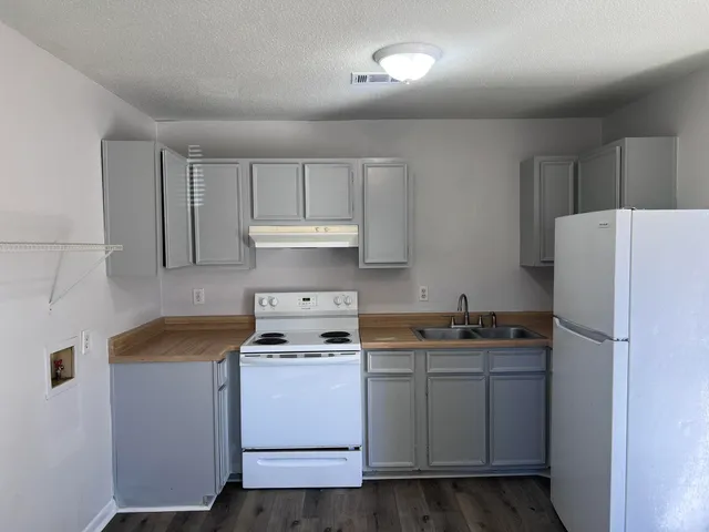 a kitchen with a refrigerator sink stove and cabinets