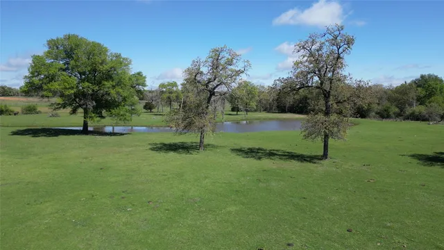 a view of a house with a big yard and large trees