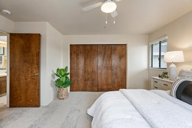 a bedroom with a bed and a potted plant