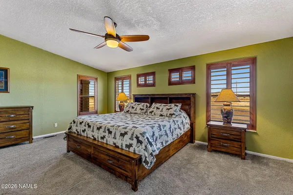 a bedroom with a bed and a ceiling fan