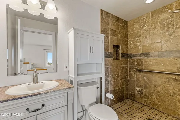 a bathroom with a granite countertop sink a toilet and shower