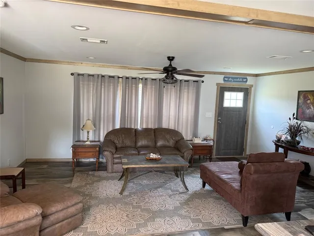 a living room with furniture and a potted plant