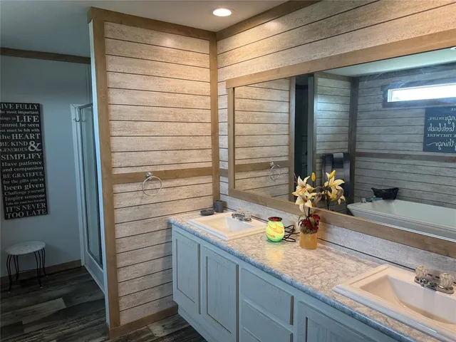 a bathroom with a sink and a shower