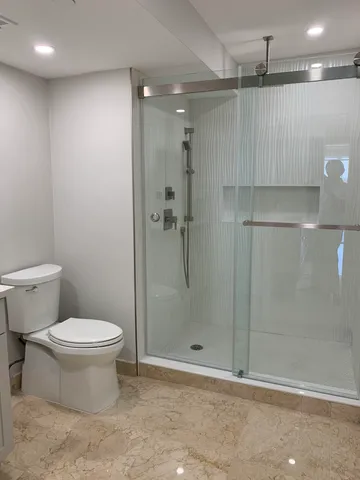 a bathroom with a shower and a toilet