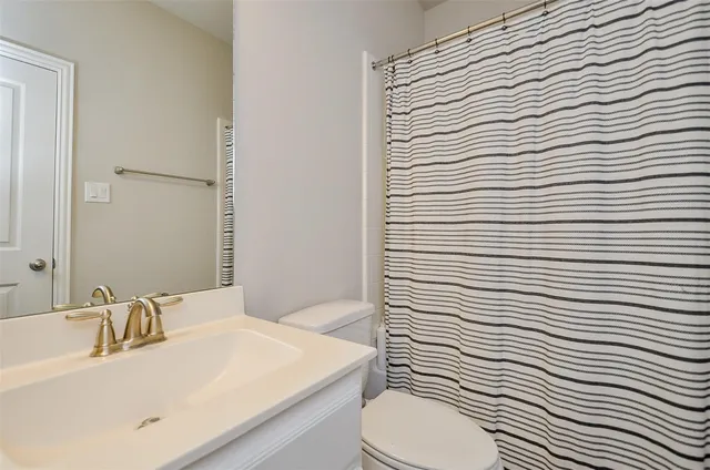 a bathroom with a sink a toilet and shower curtain