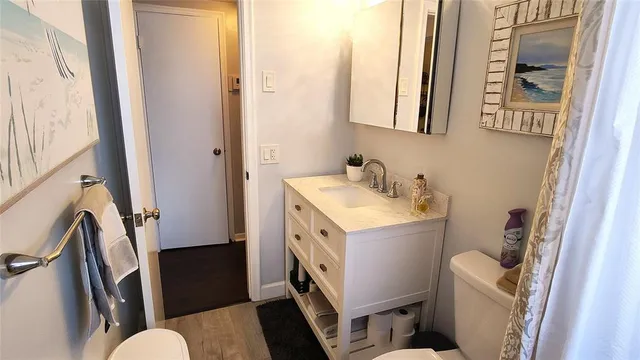 a bathroom with a sink a toilet a mirror and a shower