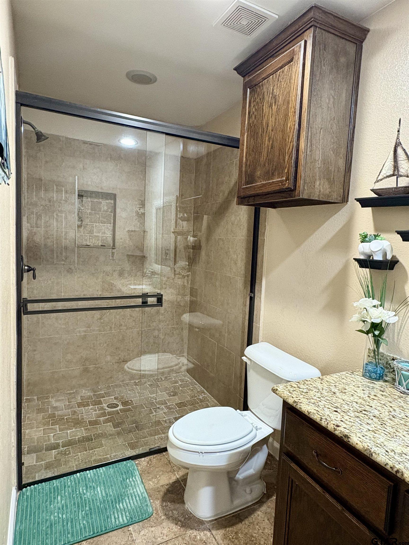 28 County Road 3101 Pittsburg, TX 75686 - Photo 31 of 39 a bathroom with a granite countertop sink a toilet and shower