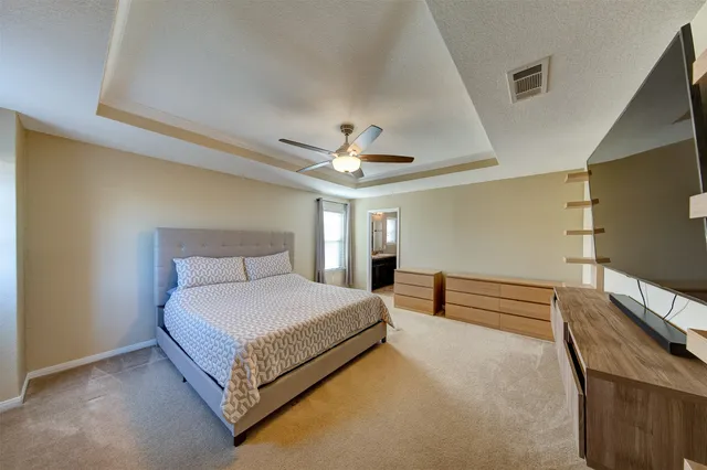 a bedroom with a bed and ceiling fan