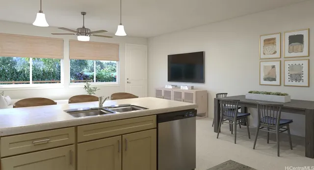 a kitchen with stainless steel appliances granite countertop a refrigerator a stove a sink a dining table and chairs