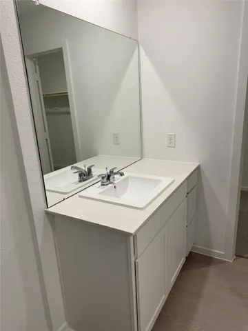 a bathroom with a sink and a mirror