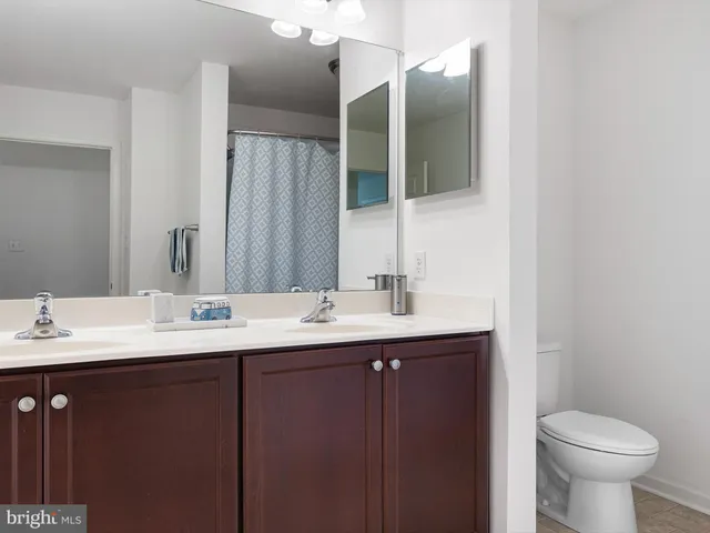 a bathroom with a double vanity sink toilet and a mirror