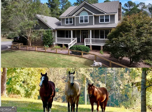 a backyard of a house with a yard and outdoor seating