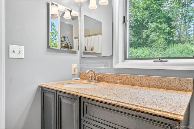 a sink with a granite countertop window