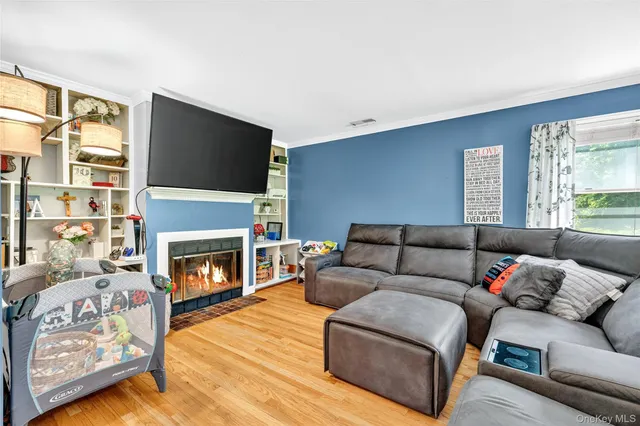 a living room with furniture a flat screen tv and a fireplace