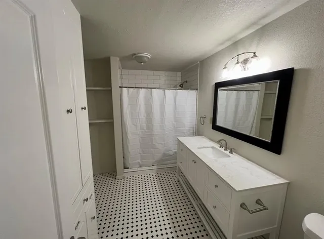 a bathroom with a sink a toilet a mirror and shower