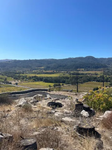 a view of a town with mountains in the background
