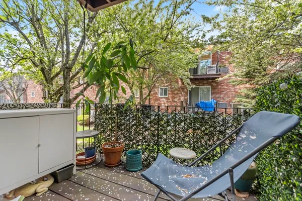 a view of a chairs and table in backyard