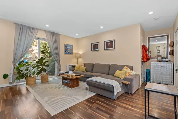 a living room with furniture and a potted plant