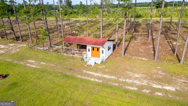 an aerial view of a swimming pool