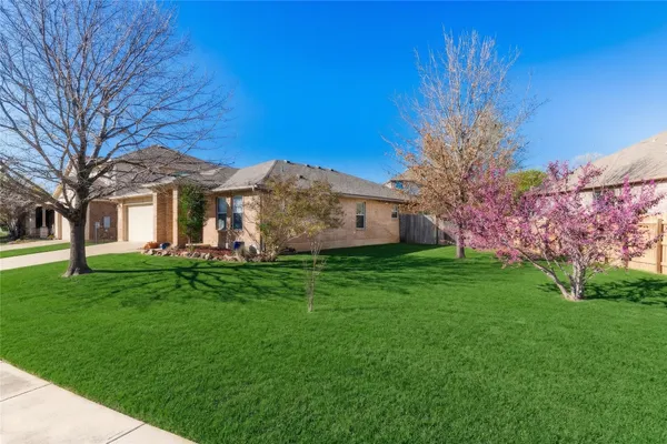 a view of a house with a big yard potted plants and large tree