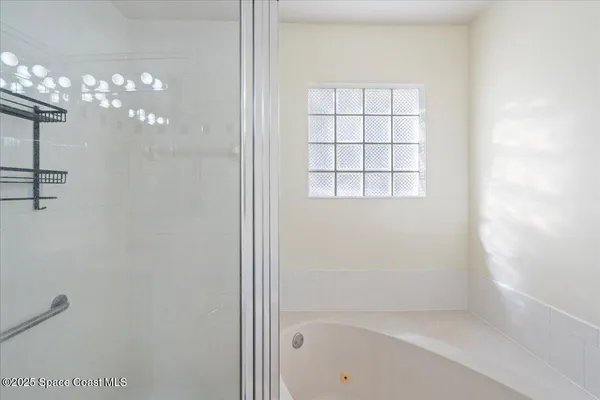 a bathroom with a chandelier fan and a shower