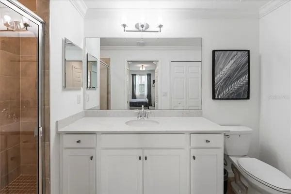 a bathroom with a sink vanity granite toilet and a mirror