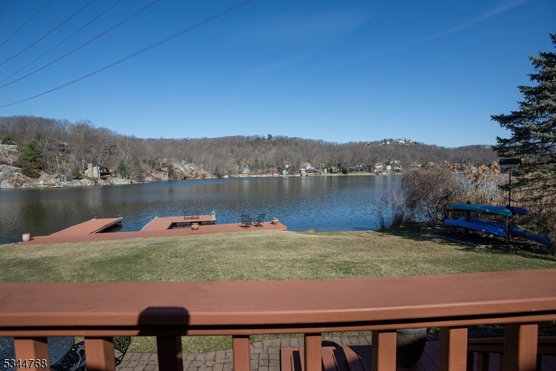 a view of a lake with houses in the background