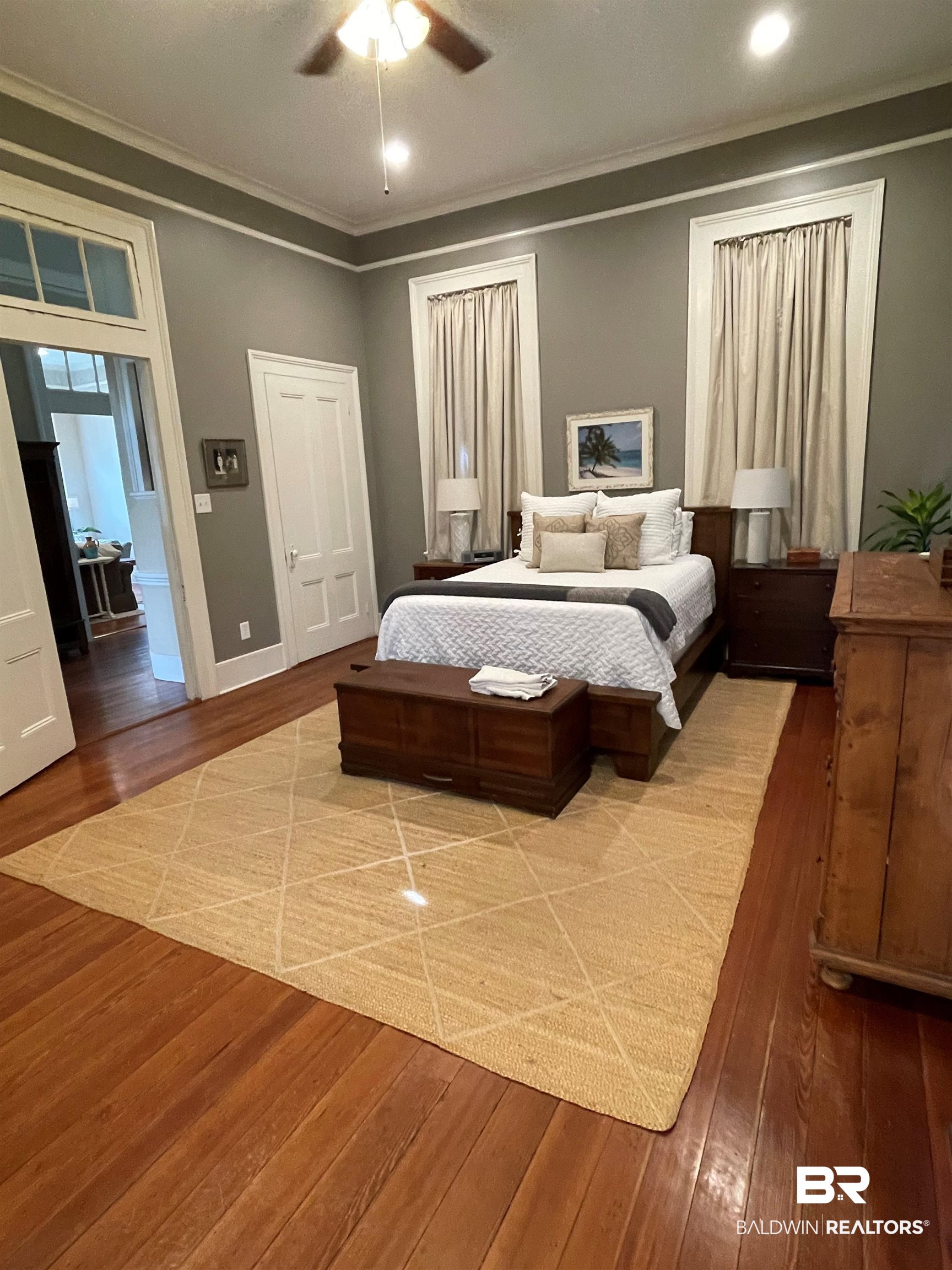 1001 Augusta Street Mobile, AL 36604 - Photo 23 of 26 Bedroom featuring crown molding, wood-type flooring, and ceiling fan