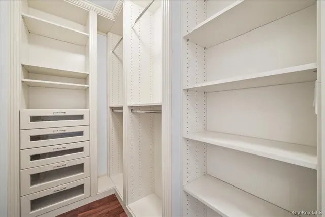 a view of walk in closet with empty racks